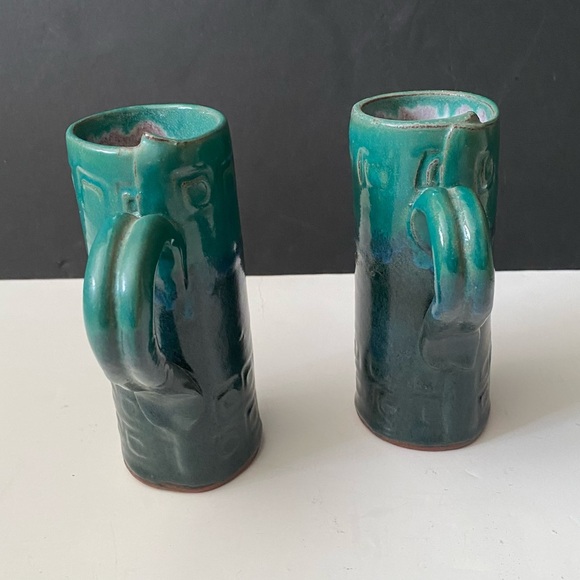 Hand made Pottery clay decorative Grove Green glaze set of 2 mugs, heavy - Picture 13 of 15